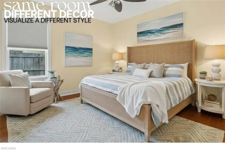 Bedroom with wood finished floors and ceiling fan