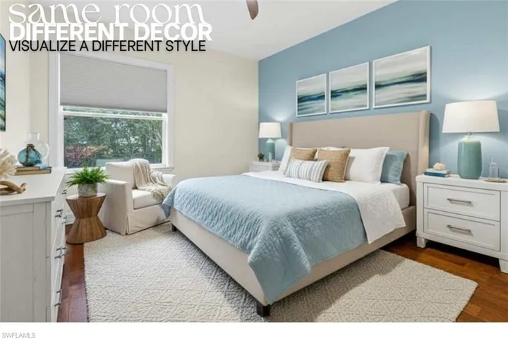 Bedroom with dark wood finished floors and ceiling fan