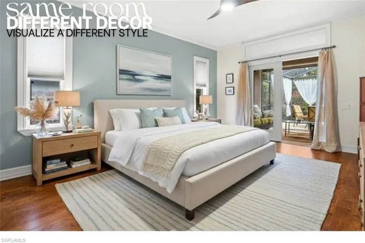 Bedroom with access to exterior, dark wood-style flooring, crown molding, and a ceiling fan
