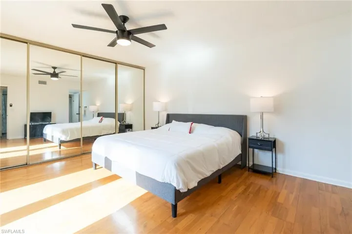 Bedroom featuring wood finished floors, a ceiling fan, and a closet