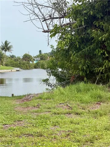 Waterfront property featuring a canal, a dock structure, and mature foliage