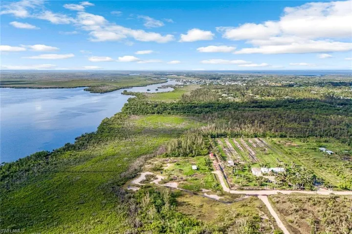 Bird's eye view of a large body of water and a forest