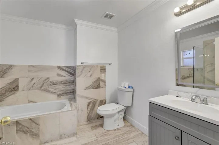 Bathroom featuring vanity, ornamental molding, a garden tub, and a marble finish shower