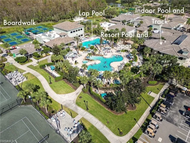 Drone / aerial view of a pool area
