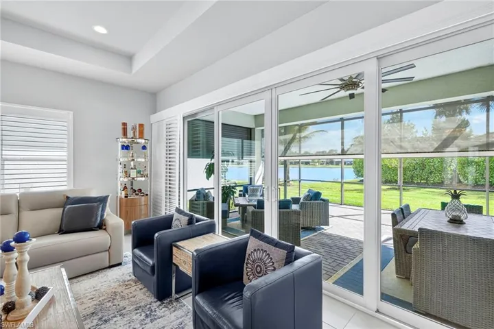There is a firepit area, a table seating area, open area plus a small table w/ umbrella in far corner! Storm Smart screen partially down to show you can see out it to avoid felling shut in! All furniture will fit, so no need to carry inside!