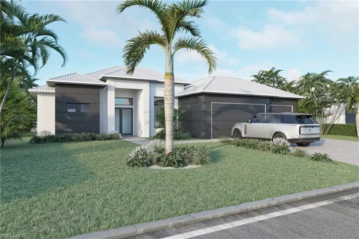 View of front of property with driveway, a front yard, stucco siding, and a metal roof