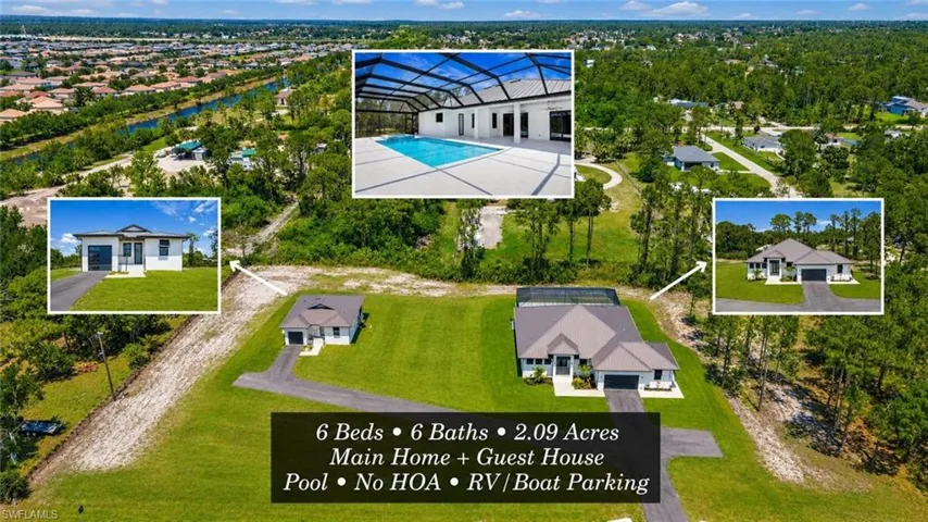 Expansive 2.09-acre property featuring a main residence, a separate guest house, and a screened swimming pool enclosure