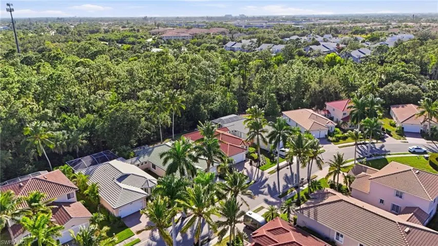 Aerial perspective of a suburban neighborhood featuring tile roofing, paved streets, mature palm trees, and expansive woodland canopy