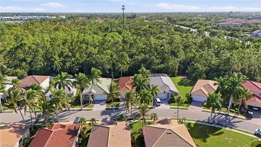 Aerial perspective of a residential neighborhood featuring paved streets, mature palm trees, various tiled rooflines, and dense surrounding foliage