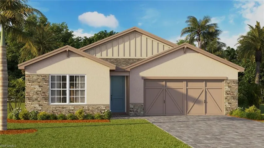 View of front of property featuring a front yard and a garage