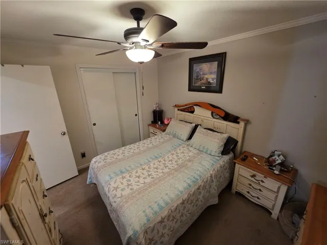 Bedroom featuring crown molding, a closet, ceiling fan, and dark colored carpet