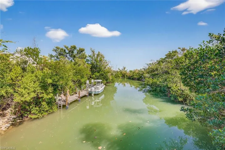 Water view with a dock and a tree filled landscape