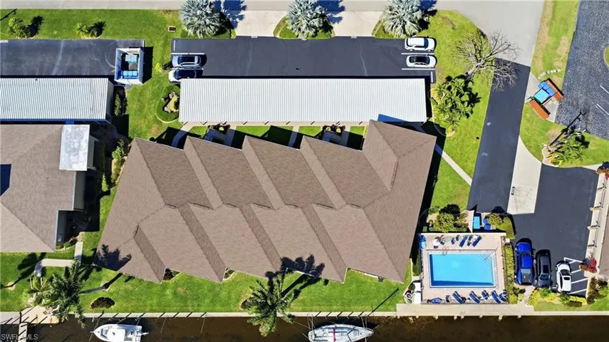 Drone / aerial view of a pool area
