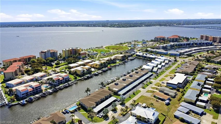 Bird's eye view of a large body of water and a notable bridge
