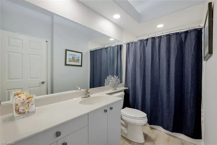 Bathroom featuring vanity, toilet, and wood-type flooring