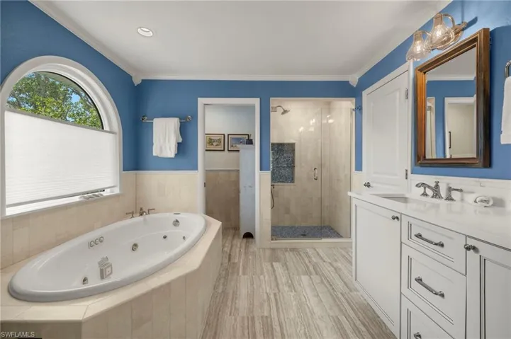 Bathroom with a jetted tub, a stall shower, vanity, a wainscoted wall, and wood finished floors