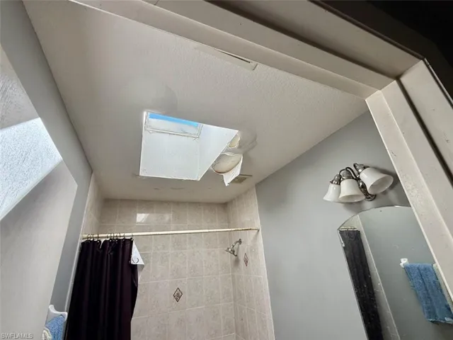 Bathroom with a skylight and tiled shower