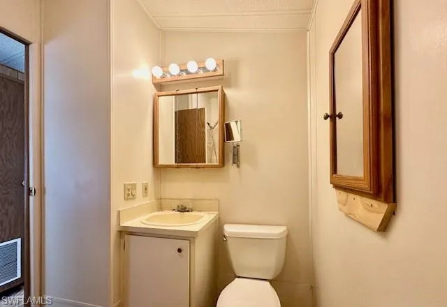 Bathroom with ornamental molding, a textured ceiling, toilet, and vanity