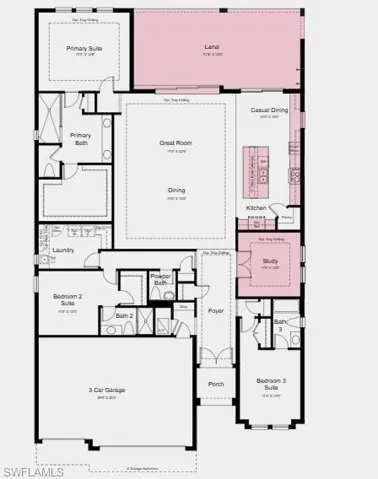 . Additional Highlights include: tray ceiling package, 3-car garage with 4' garage extension, gourmet kitchen, 8' solid core doors, interior door from primary closet to laundry room, covered extended lanai, study with French doors, outdoor kitchen rough-in, 80 AMP pool/spa pre-wire with gas stub-out and impact glass windows and doors. Photos are for representative purposes only.