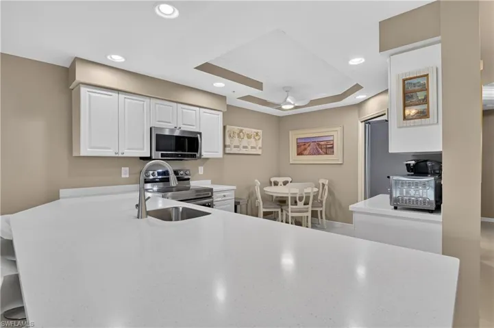 White shaker cabinetry, stainless steel appliances, recessed lighting, and a tray ceiling