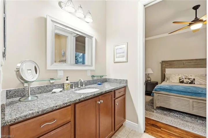 Bathroom featuring vanity, connected bathroom, crown molding, ceiling fan, and light wood-type flooring