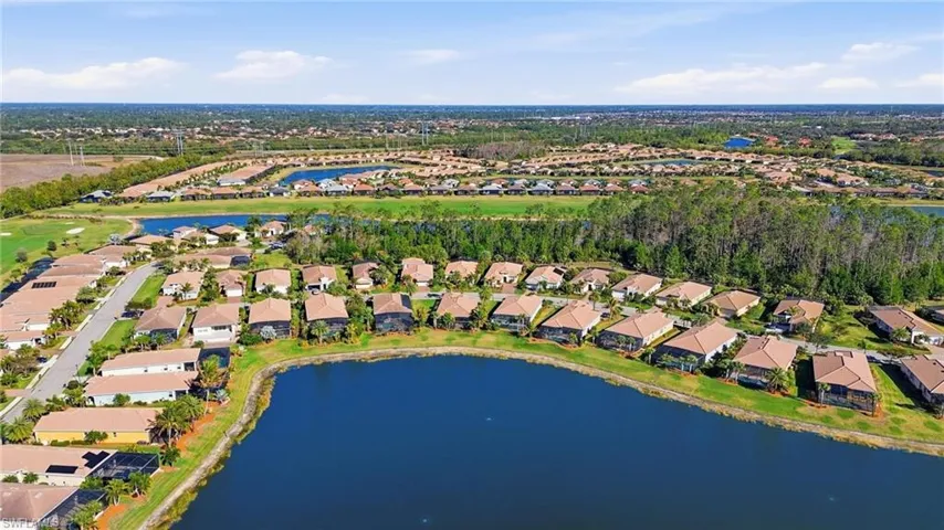 Aerial perspective of suburban area with a large body of water