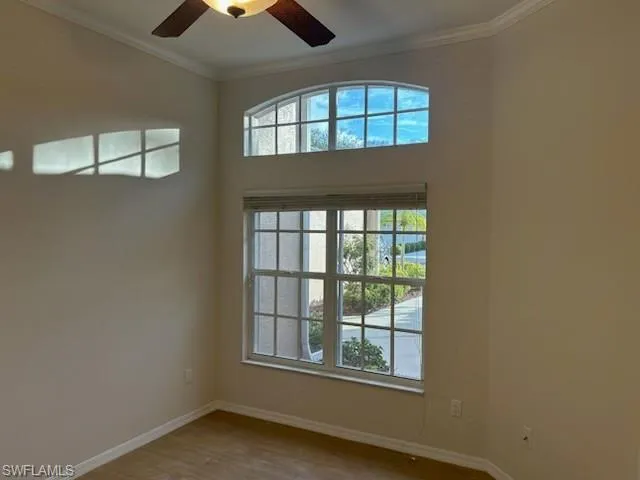 Unfurnished room featuring ornamental molding, ceiling fan, and light wood-style floors