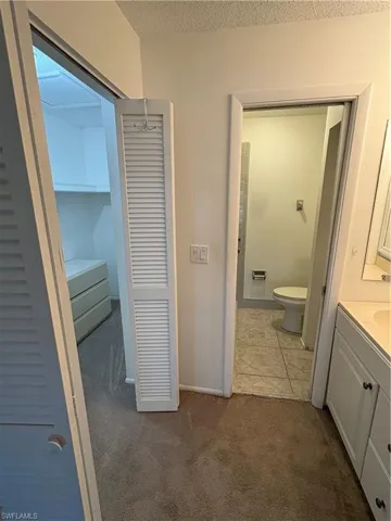 Bathroom with dark carpet, vanity, a closet, and a textured ceiling