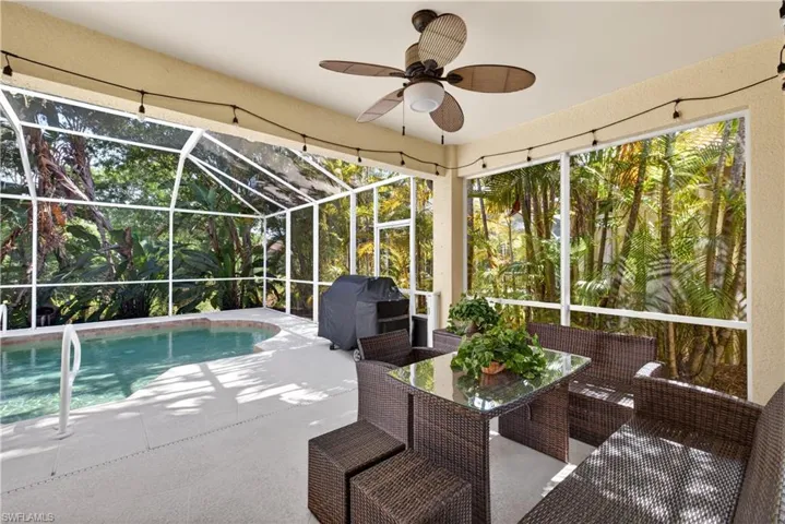 Serene, private  lanai area surrounded by lush landscape