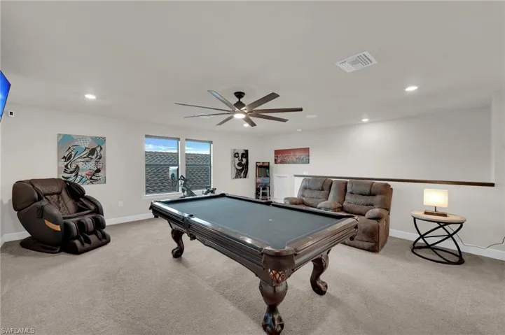 Rec room with pool table, recessed lighting, and carpet floors