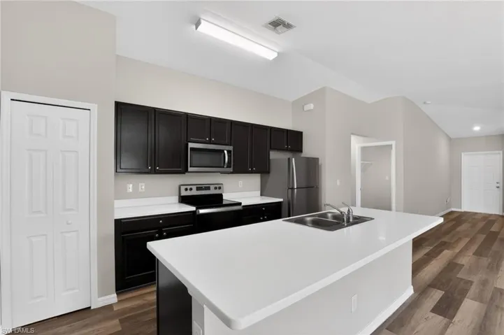 Kitchen featuring an expansive island with an undermount double basin sink, dark wood cabinetry, stainless steel appliances, and wood-finish flooring
