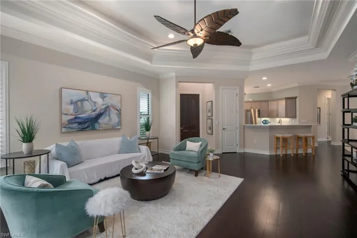 Living room featuring ornamental molding, dark wood-type flooring, and a raised ceiling
