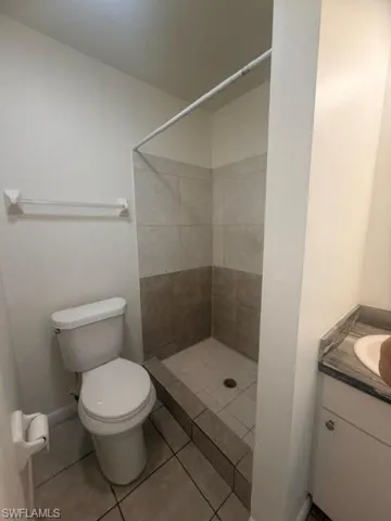 Bathroom featuring a tiled shower stall with a low threshold, a white toilet, and a vanity with a gray stone-finish countertop
