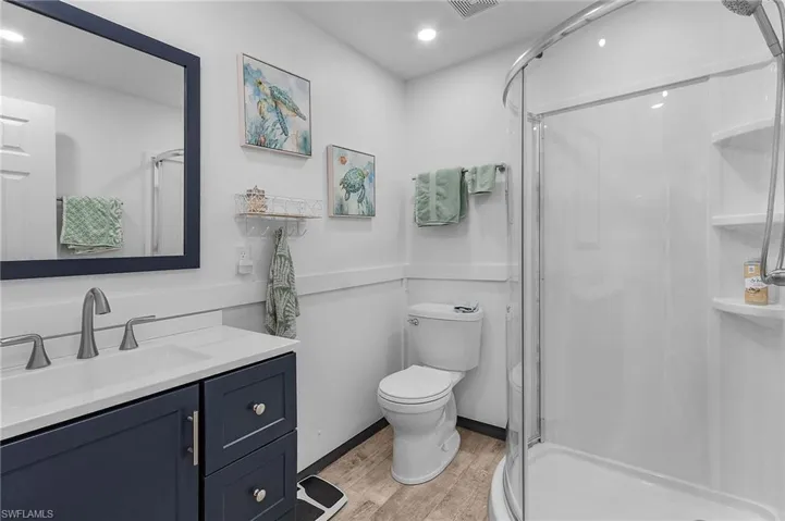 Guest bathroom featuring wood-type flooring, vanity, toilet, and an enclosed shower.