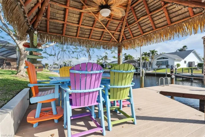 View of dock with a gazebo and a water view