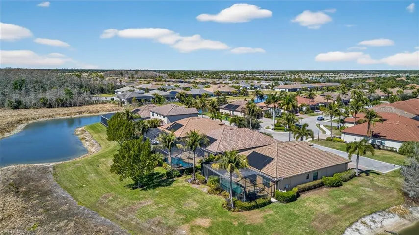 Aerial perspective of suburban area featuring a nearby body of water