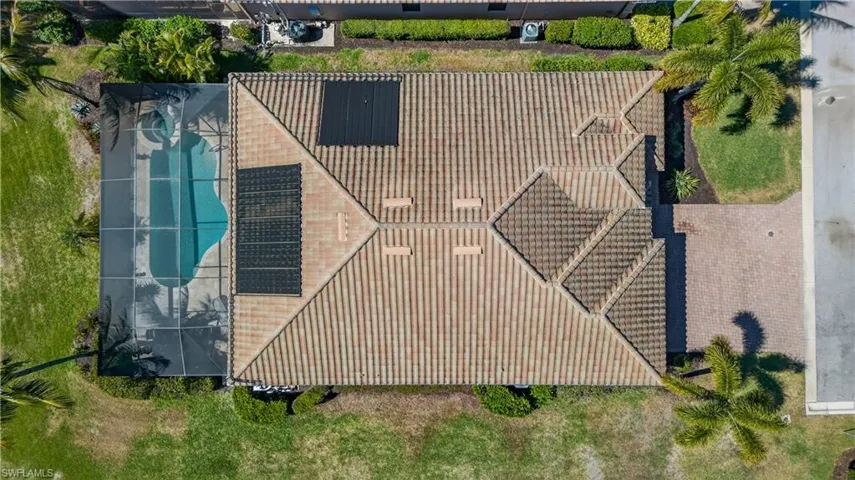 View from above of property with a pool area