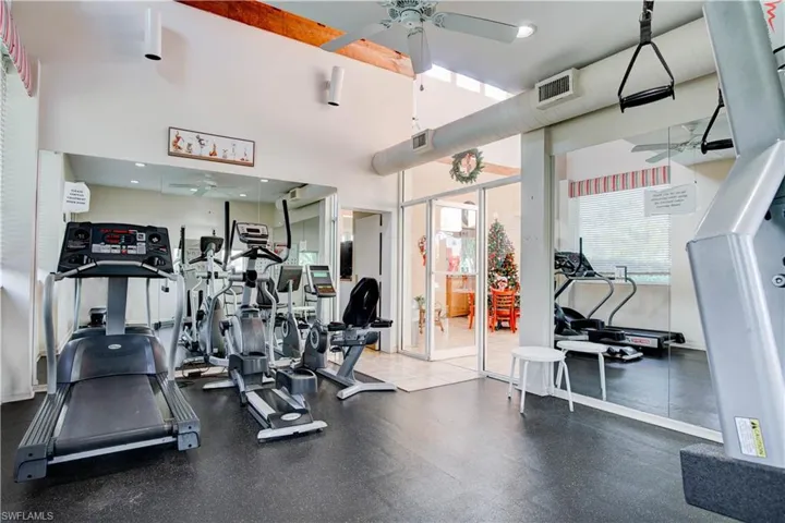 Workout area with ceiling fan