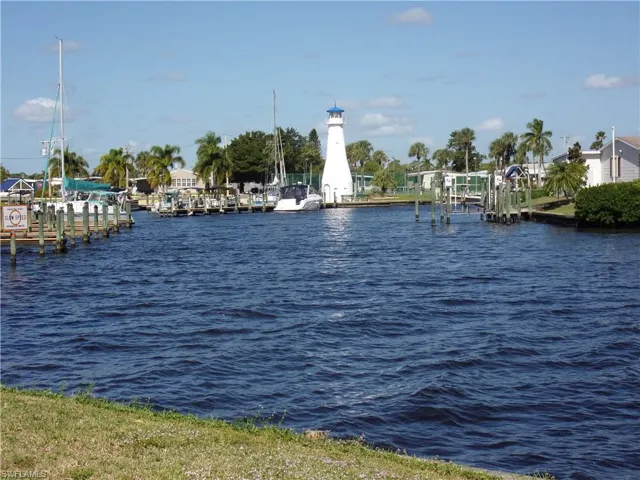 Water view with a dock