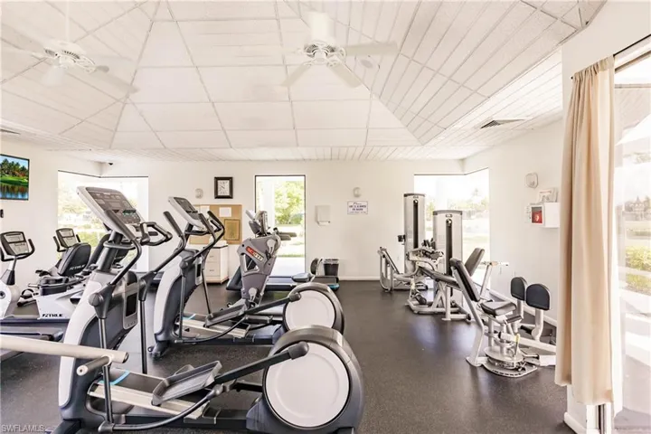 Exercise room featuring visible vents, ceiling fan, and a paneled ceiling