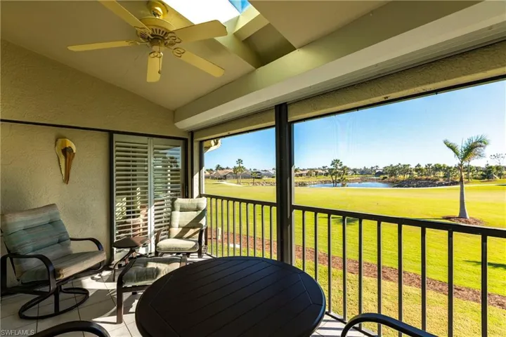 Course Side featuring lofted ceiling and ceiling fan