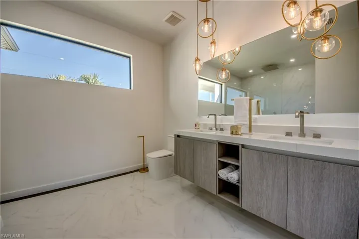 Bathroom featuring vanity, toilet, walk in shower, and a wealth of natural light