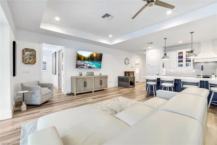 Living room with sink, ceiling fan, light wood-type flooring, and a tray ceiling