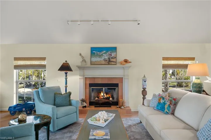 Living room featuring wood-type flooring, rail lighting, a wealth of natural light, and a fireplace