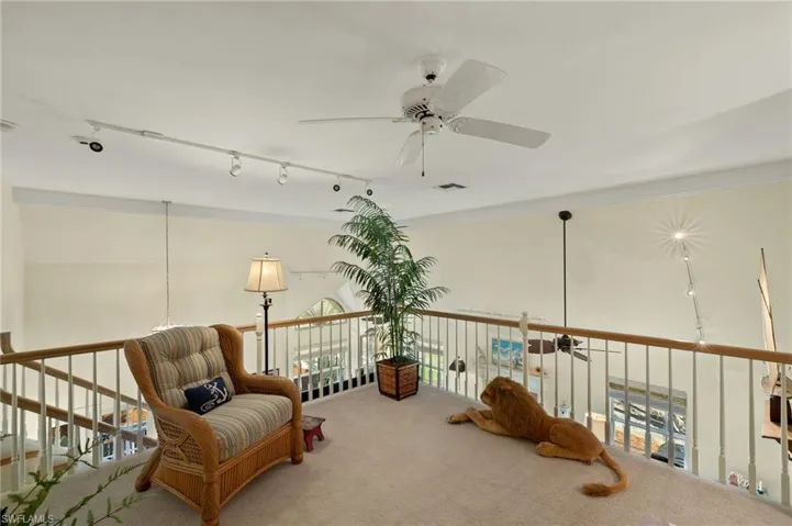 Living area with carpet, track lighting, and ceiling fan
