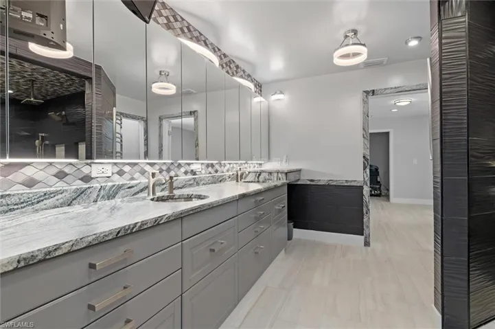 Inlaw Bathroom featuring decorative backsplash, vanity, and visible vents