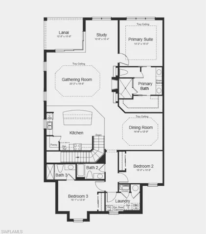 Floor Plan - Additional Highlights Include: Fireplace at gathering room, sink at laundry, upgraded kitchen cabinets, all appliances, and washer and dryer