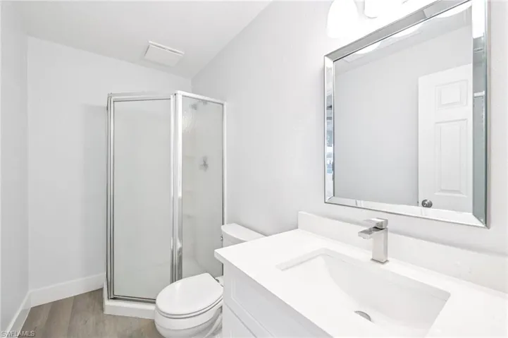 Full bathroom featuring a shower stall, vanity, and light wood-type flooring