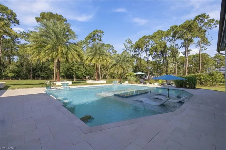Backyard featuring a custom swimming pool with a sun shelf, integrated spa, and expansive stone-paver decking, set against a backdrop of mature palm trees