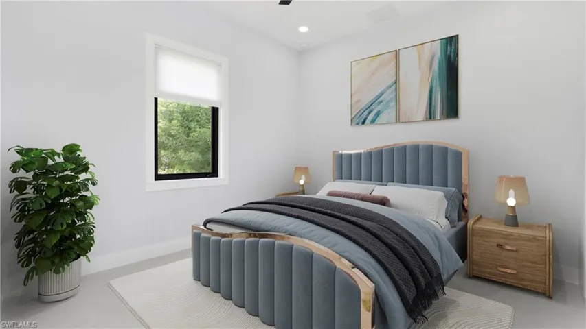 Bedroom virtually staged featuring recessed lighting and ceiling fan